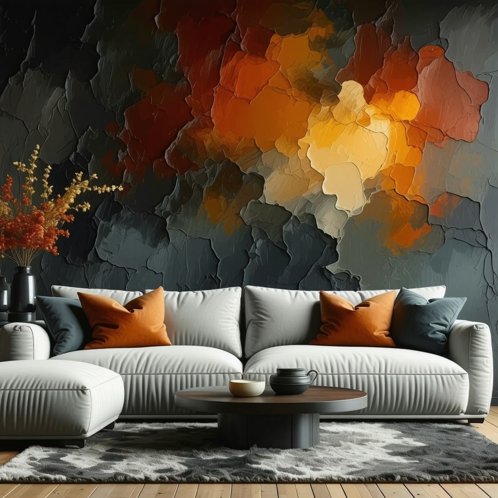 Stylish living room showcasing advanced wall painting techniques with vibrant gradients and textures