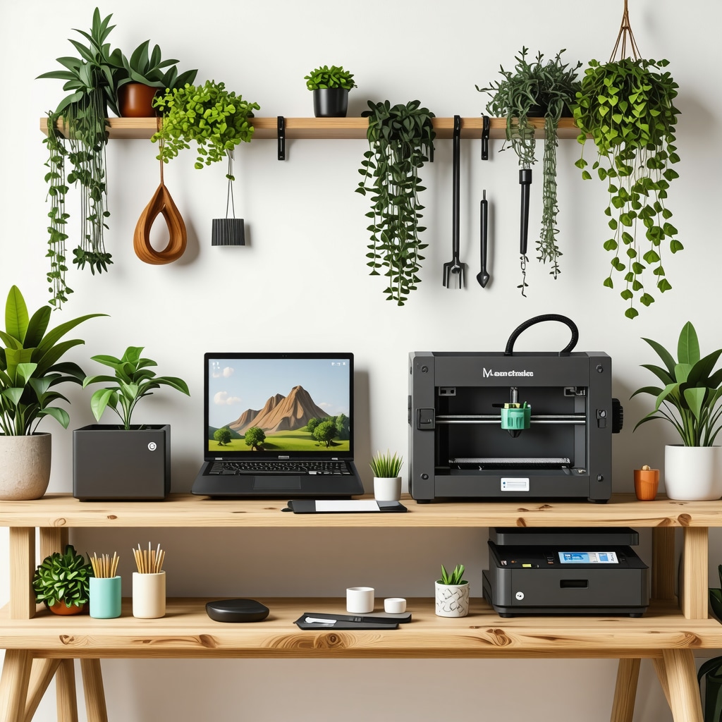 Modern DIY workspace featuring sustainable wood, 3D printer, laser cutter, and natural paints