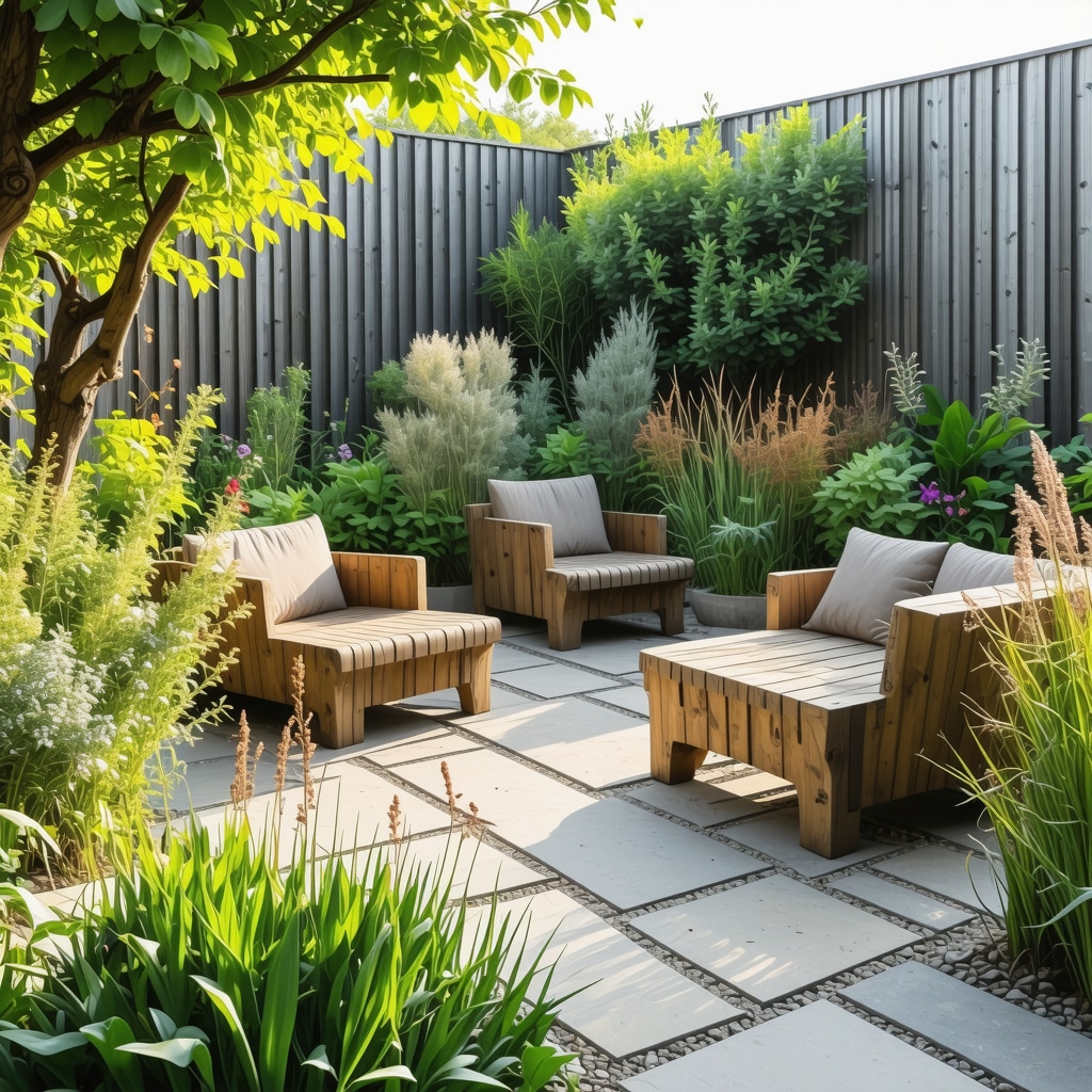 A modern sustainable garden featuring wildflowers, upcycled wooden furniture, and smart irrigation sensors in a harmonious setting