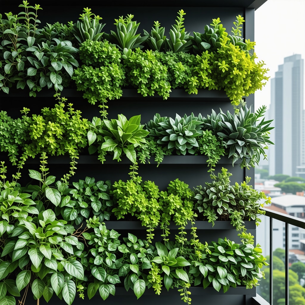 Mehrschichtiger vertikaler Garten mit integriertem smarten Bewässerungssystem auf Balkon in der Stadt